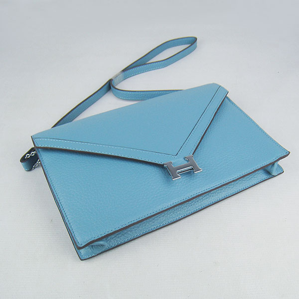 7A Hermes Togo Leather Messenger Bag Light Blue With Silver Hardware H021 Replica - Click Image to Close